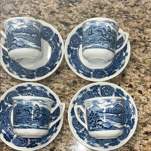 J&G Meakin American Hurrah Man on Horse Flat/Porcelain Tea Cup Set (4), England
